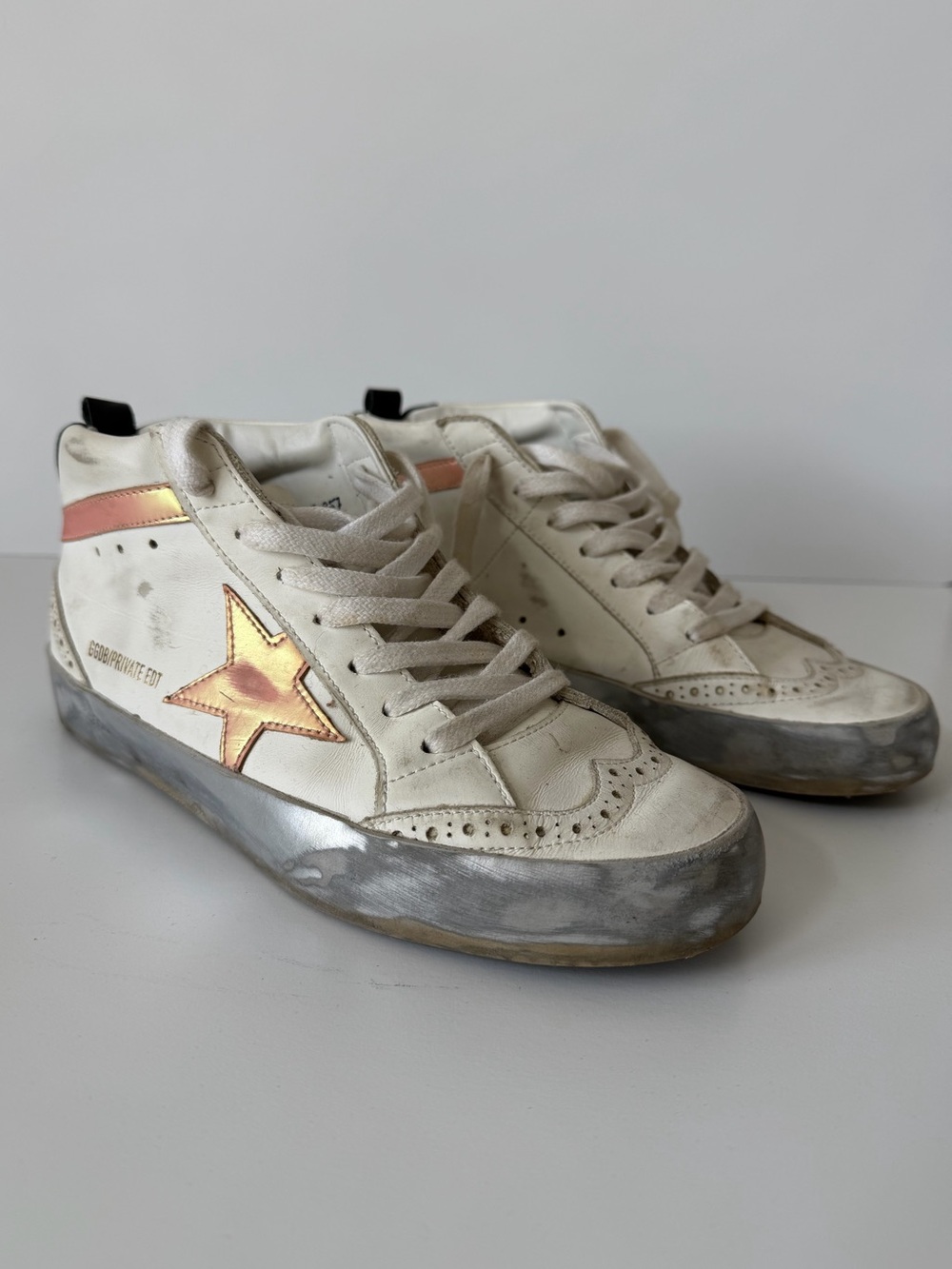 Golden Goose Mid Star Leather Trainers with Pink Accents, Size 37 (US 7)
